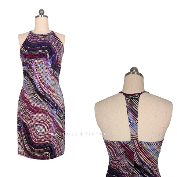 Vintage Y2K Mini Dress L Purple Black Bodycon Sequin Cocktail Going Out Club 90s - Picture 1 of 11